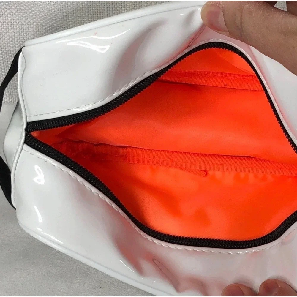 Milk Makeup White Patent Vinyl Cosmetic Bag Neon Orange Lining Logo Strap Pouch